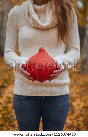 young white girl in a white sweater holds a pumpkin in her hands as a symbol of Halloween and Thanksgiving