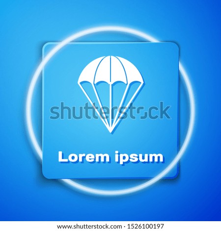 White Parachute icon isolated on blue background. Blue square button. Vector Illustration