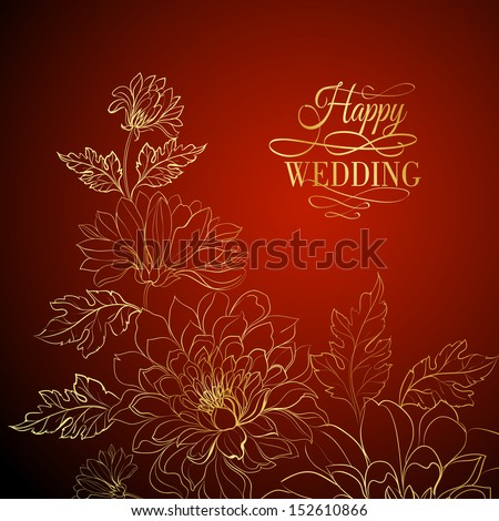 Card on a dark red background from chrysanthemums. Vector illustration.