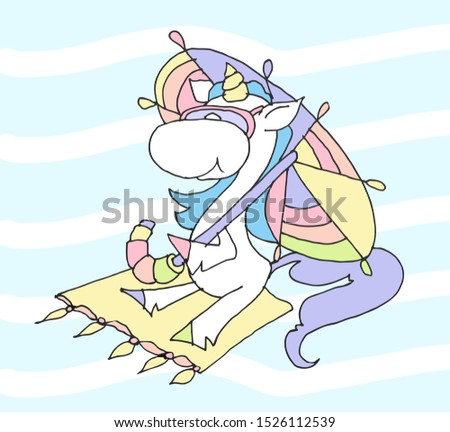 Cute magical unicorns for kids - unicorn sitting on a rug under an umbrella in sunglasses. Print for t-shirt, cover or sticker. Funny hand drawing illustration for children. Vector illustration.