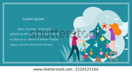 Happy New Year 2020 card. Merry Christmas. Vector illustration with people decorate Christmas tree. New year, festive background. Design for web page, presentation, postcard, banner, print. Flat style