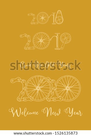Good bye old years and welcome New 2020 Year vector illustration, bicycle hand drawn elements on golden background