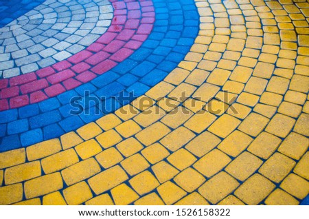 Colored paving tiles. Paving slabs by mosaic close-up. Walkway in the park under rain. Road paving, construction.