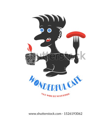 Silhouette of a man with a fork and cup in hand. Illustration