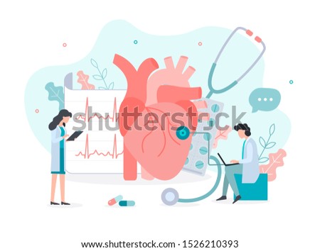 The doctor is doing an electrocardiogram. Medicine heart health concept with tiny people. Flat vector illustration. Royalty-Free Stock Photo #1526210393