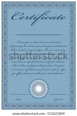 Vintage certificate illustration. Vertical blue isolated vector certificate, with text and stamp. Easy to edit vector, elements are grouped separately. 