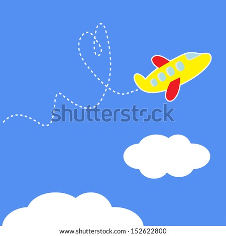 Cartoon plane. Dash heart in the sky. Love card. Vector illustration.