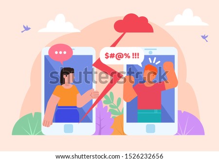 Bullying, trolling or harassment in internet. Man and woman stick out from phone and argue. Poster for social media, web page, banner, presentation. Flat design vector illustration