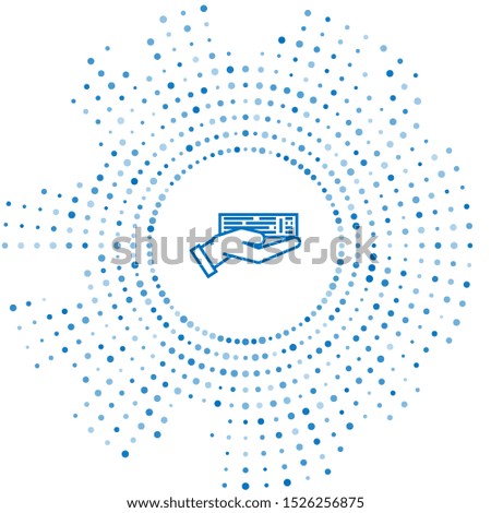 Blue line Hand holding deck of playing cards icon isolated on white background. Casino gambling. Abstract circle random dots. Vector Illustration