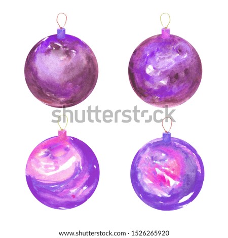 Set of decorative watercolor Christmas balls isolated on white background 