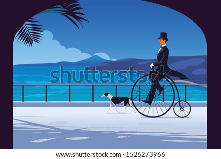 Gentleman in top hat riding vintage bike.  Luxury concept. Seaside resort