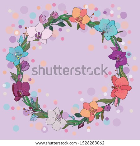 vector round wreath of phalaenopsis orchid, leaves on a lilac background for invitations and cards
