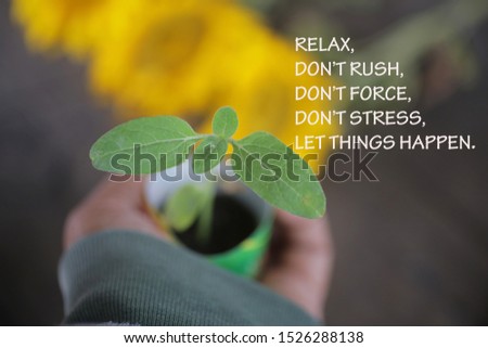 Inspirational motivational quote - Relax. Do not rush or force and stress. Let things happen. With woman holding a little plant growing as a process illustration. Learn from nature concept.