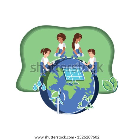 group of children with world and panel solar in eco friendly scene vector illustration design