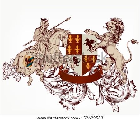 Vector heraldic illustration in vintage style with shield, armor, crown, knight and lions for design