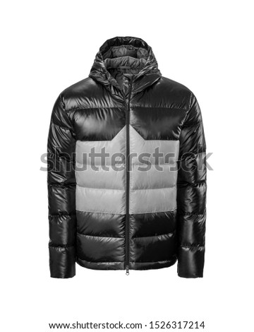 Men's black with silver hooded warm sport puffer jacket isolated over white background. Ghost mannequin photography