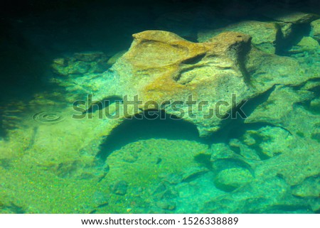 Clear emerald-green water above rocky water floor in a cave, photographed in the famous cave ( Cueva del Gato), in Benaojan, Province of Malaga, Spain.