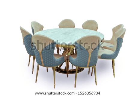 dining table and chairs with gold legs . isolate on white background