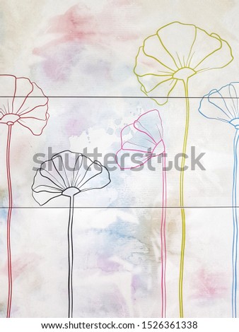 Light ceramic tiles with poppies on the background of multi-colored watercolor stains. Concrete surface background.