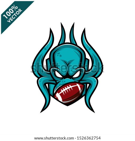 Vector sport logo, kraken octopus head illustration and football ball on the shield background. Logo for sport club or team. Vector illustration	
