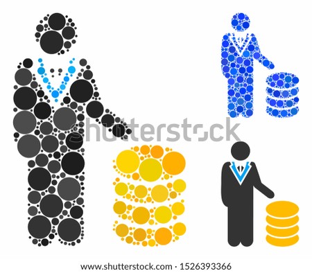 Coins investor composition for coins investor icon of round dots in variable sizes and color tones. Vector round dots are grouped into blue illustration.