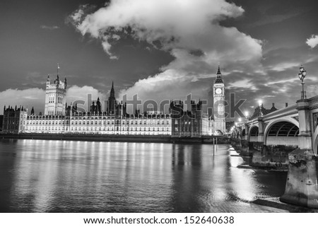 Stunning sunset view of London skyline. The Houses of Parliament and Westminster Bridge with Big Ben Tower.