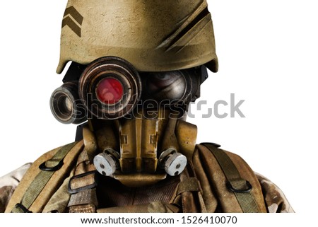 Isolated photo of a futuristic robot soldier portrait standing in helmet and armor on white background.