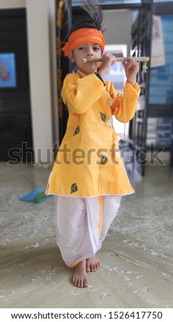 Boy wearing Krishna costume.Little Indian boy posing as Shri krishna or kanha/kanhaiya on fancy dress.