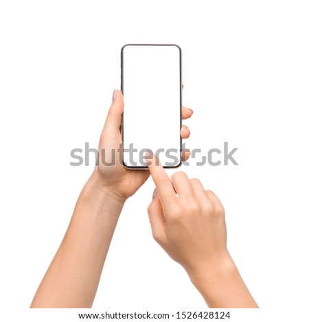 Young woman's hands using smartphone with blank screen, isolated on white background, mockup