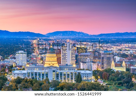 Salt Lake City, Utah, USA downtown city skyline at dusk. Royalty-Free Stock Photo #1526441999