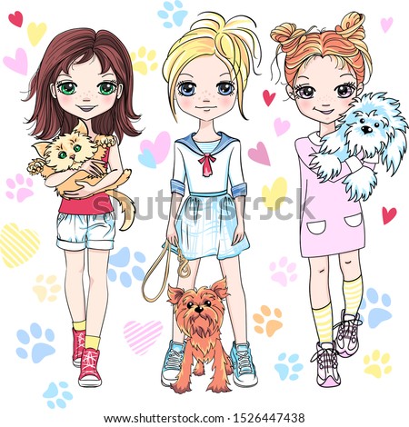 Vector cute blond and redhead girls with their pets, kitten and puppy dogs
