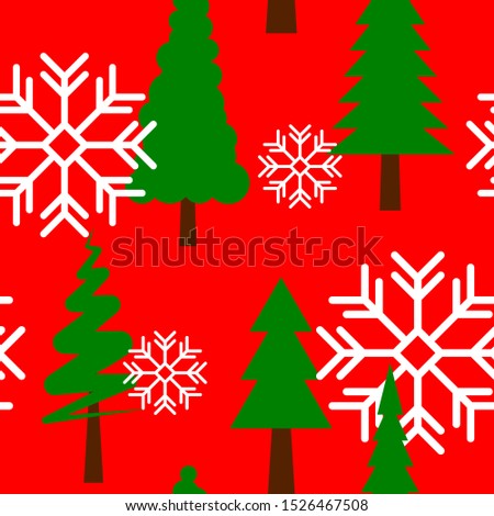 Seamless pattern with green Christmas trees and white snowflakes on red background. VECTOR