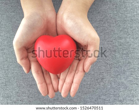 Woman holding red heart on gray background, Heart health care medical cardiovascular disease concept