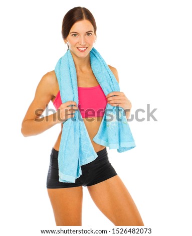 Cheerful confident young woman with towel after gym portrait - isolated on white background