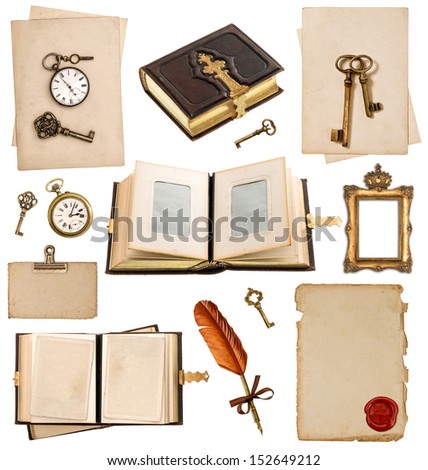 old paper sheets with vintage accessories isolated on white background. antique clock, key, postcard, photo album, feather pen