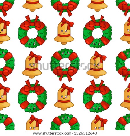 Christmas seamless pattern with floral wreath with red bow and ribbon and golden bell, endless texture for textile, scrapbook or wrapping paper, cute new year decoration - vector