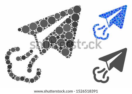 Paper plane start composition for paper plane start icon of round dots in various sizes and color tinges. Vector round elements are grouped into blue composition.