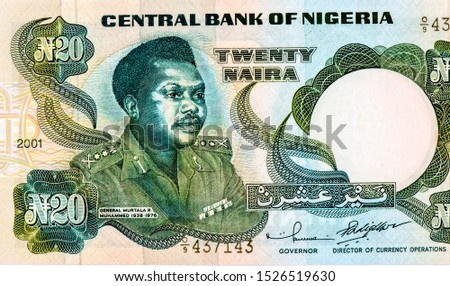 General Murtala Ramat Muhammed. Portrait from Nigeria 20 Naira 2001 Banknotes. 