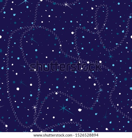 Vector illustration of beautiful lunar twilight with colourful glowing stars and warped diamond chains scattered around midnight blue sky. Seamless pattern for gifts, posters, flyers, wallpaper.