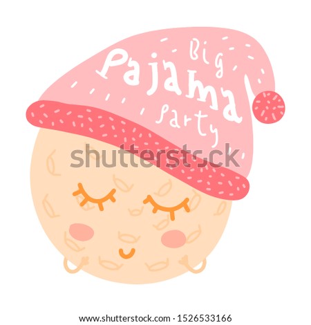 Pajama party poster with funny doodle moon in sleep hat character. Big pajama party invitation for slumbers. Editable vector illustration