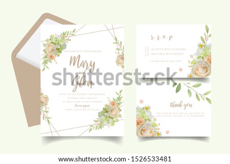 Wedding invitation with floral roses and hydrangea
