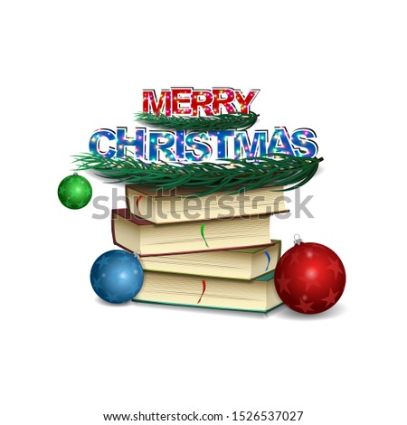 Merry Christmas, Christmas card template with book, Christmas tree toys, Christmas tree branch and shadow on isolated background, vector illustration