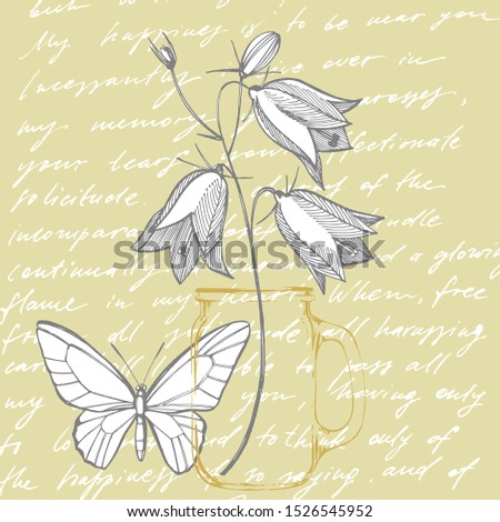 Bellflower blossoms, leaves and bouquets set. Natural summer, spring meadow plants monochrome. Floral natural illustration for poster, textile decoration. Botanical plant illustration. Handwritten