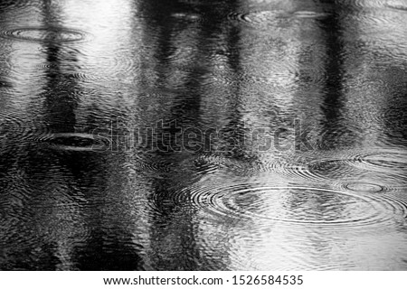 Round droplets of water over circles on the pool water. Water drop, whirl and splash. Ripples on sea texture pattern background. Closeup water rings affect the surface.
