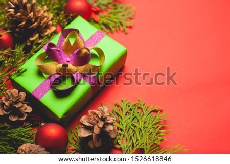 Festive composition on a red background. Template with place for text.