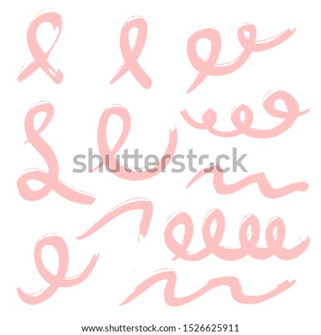 Set of pink ribbons. Collection of romantic hand-drawn ribbons. Brush strokes. No shadows. Vector illustration. Breast Cancer Month.