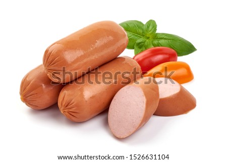 Tasty fresh boiled sausages, isolated on white background.