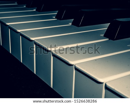 Closeup picture of black and white piano keys taken from angled front perspective. Digital piano keys makro picture taken in the night with flash. Abstract picture of a piano keys.