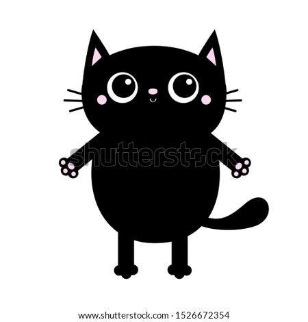 Black cat. Open hand pink paw print. Big eyes. Kitty reaching for a hug. Funny Kawaii animal. Baby card. Cute cartoon character. Pet collection. Flat design White background. Vector illustration