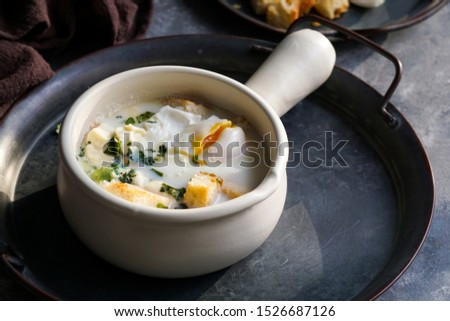  Changua - Colombian Egg and Milk Soup , tipical soup for breakfast in Bogota                              